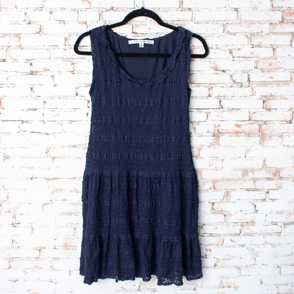 Max Studio Womens M Navy Blue Lace Sleeveless Fit Flare Dress Cotton Blend
